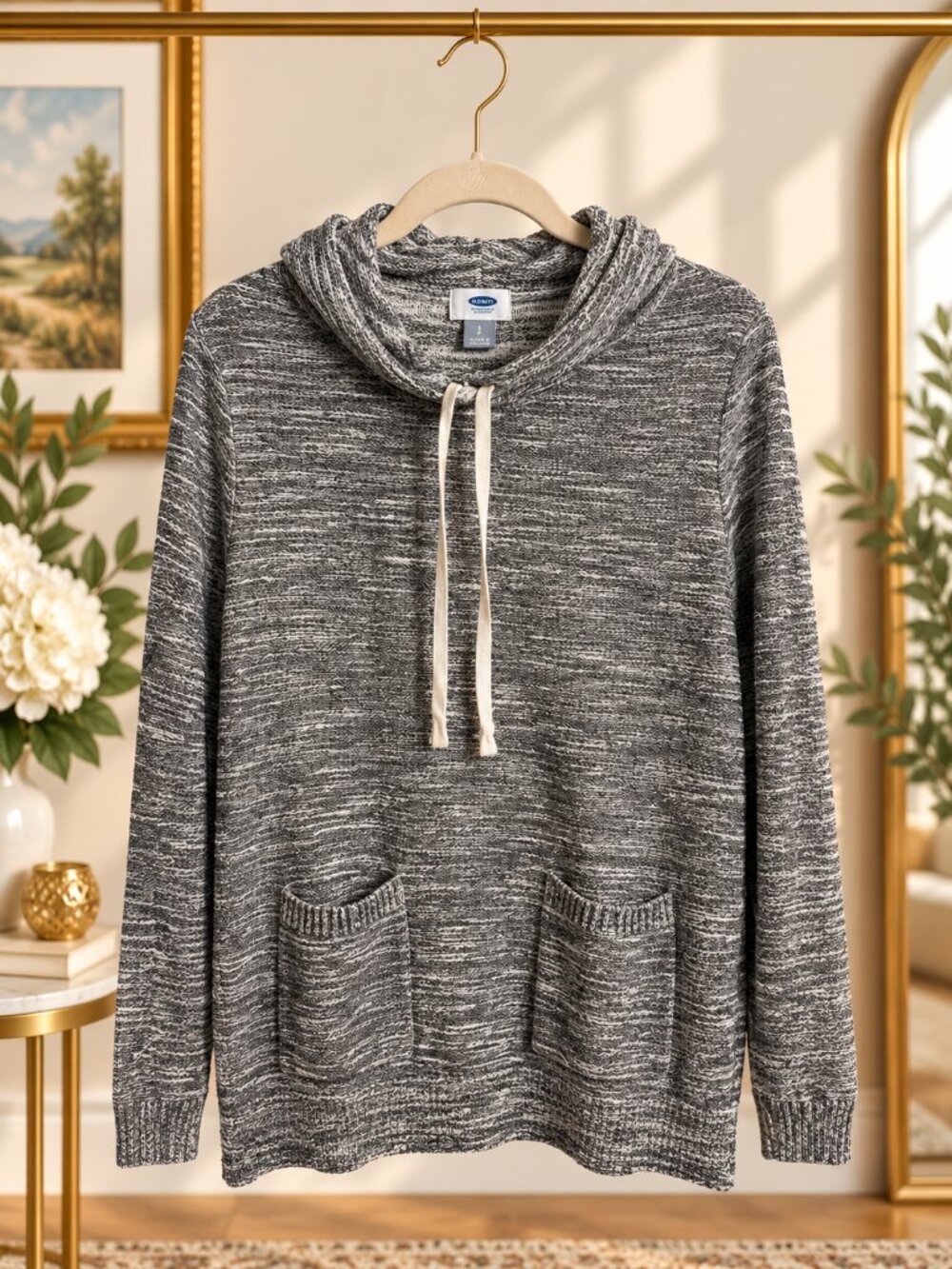 Old Navy Gray Marled Cowl Neck Drawstring Pullover Sweater Size Small